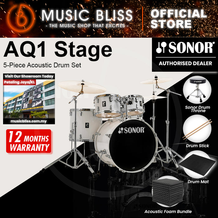 Sonor AQ1 Stage 5-Piece Acoustic Drum Set with Hardware - 22 Inch Bass Drum - Piano White