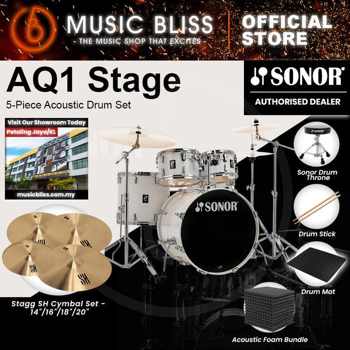 Sonor AQ1 Stage 5-Piece Acoustic Drum Set with Hardware - 22 Inch Bass Drum - Piano White