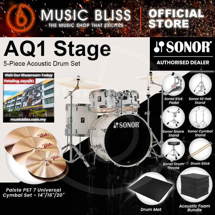 Sonor AQ1 Stage 5-Piece Acoustic Drum Set with Hardware - 22 Inch Bass Drum - Piano White