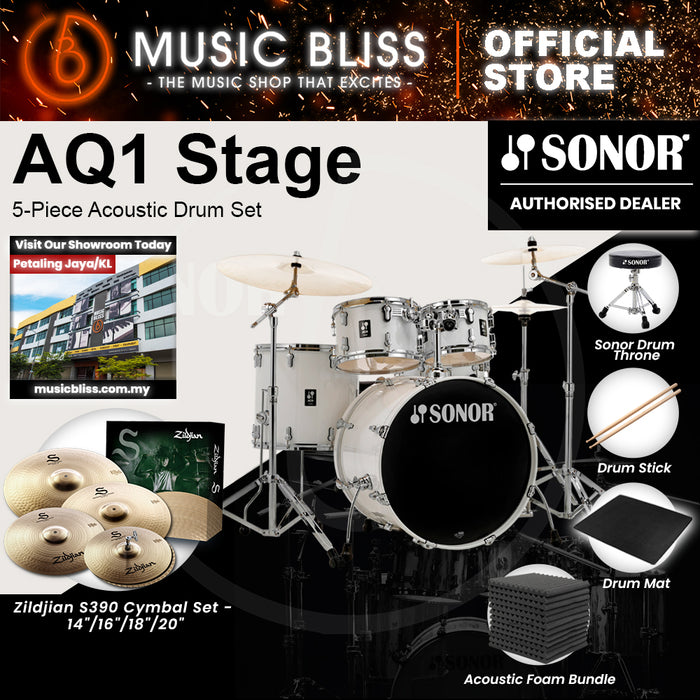 Sonor AQ1 Stage 5-Piece Acoustic Drum Set with Hardware - 22 Inch Bass Drum - Piano White
