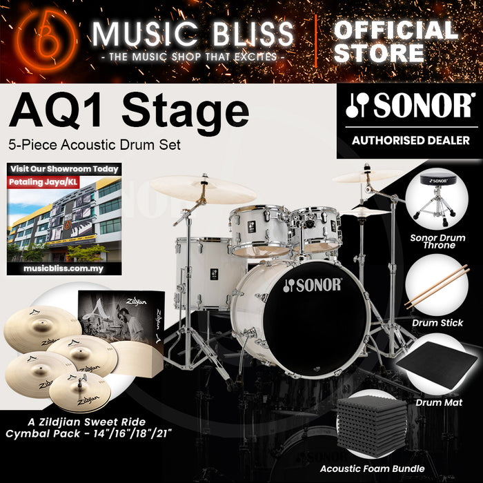 Sonor AQ1 Stage 5-Piece Acoustic Drum Set with Hardware - 22 Inch Bass Drum - Piano White