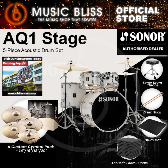 Sonor AQ1 Stage 5-Piece Acoustic Drum Set with Hardware - 22 Inch Bass Drum - Piano White
