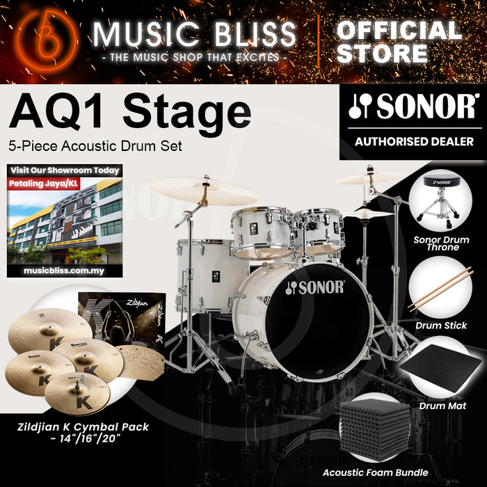 Sonor AQ1 Stage 5-Piece Acoustic Drum Set with Hardware - 22 Inch Bass Drum - Piano White