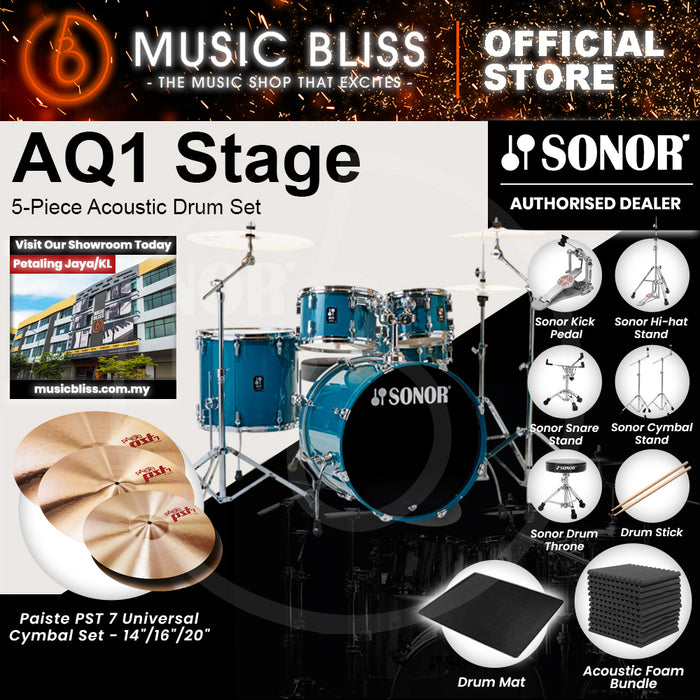 Sonor AQ1 Stage 5-Piece Acoustic Drum Set with Hardware - 22 Inch Bass Drum - Caribbean Blue