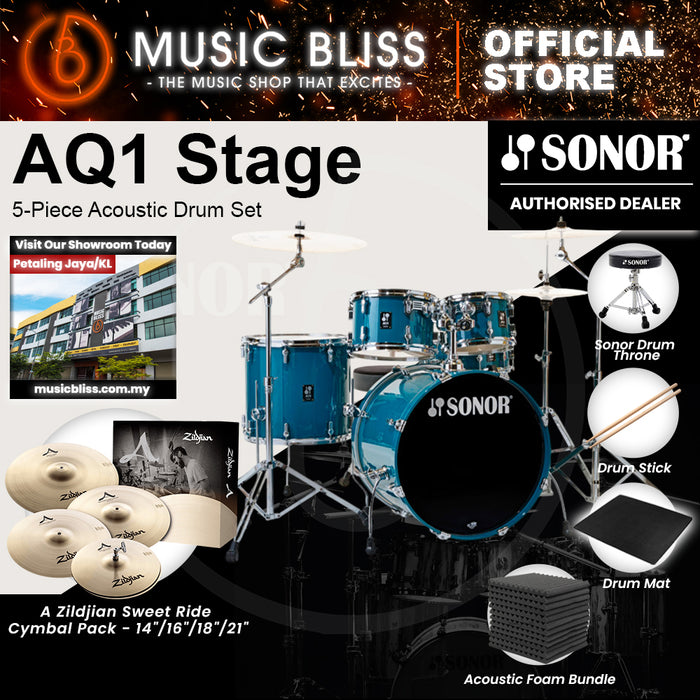 Sonor AQ1 Stage 5-Piece Acoustic Drum Set with Hardware - 22 Inch Bass Drum - Caribbean Blue