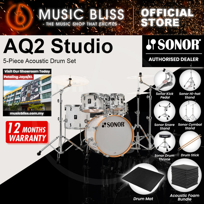 Sonor AQ2 Studio 5-Piece Acoustic Drum Set - 20 Inch Bass Drum - White Pearl
