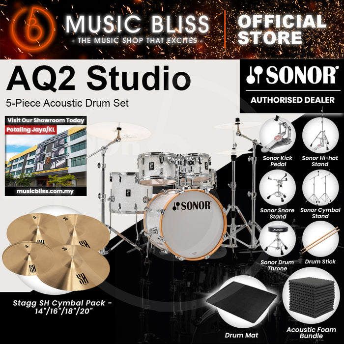 Sonor AQ2 Studio 5-Piece Acoustic Drum Set - 20 Inch Bass Drum - White Pearl
