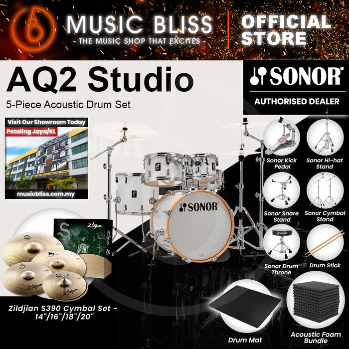 Sonor AQ2 Studio 5-Piece Acoustic Drum Set - 20 Inch Bass Drum - White Pearl