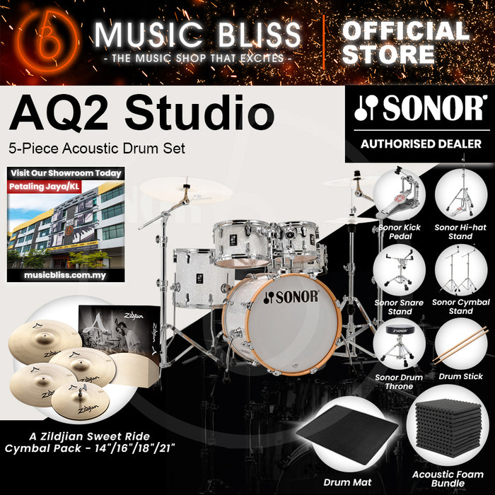 Sonor AQ2 Studio 5-Piece Acoustic Drum Set - 20 Inch Bass Drum - White Pearl
