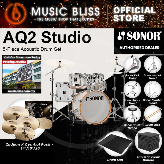 Sonor AQ2 Studio 5-Piece Acoustic Drum Set - 20 Inch Bass Drum - White Pearl