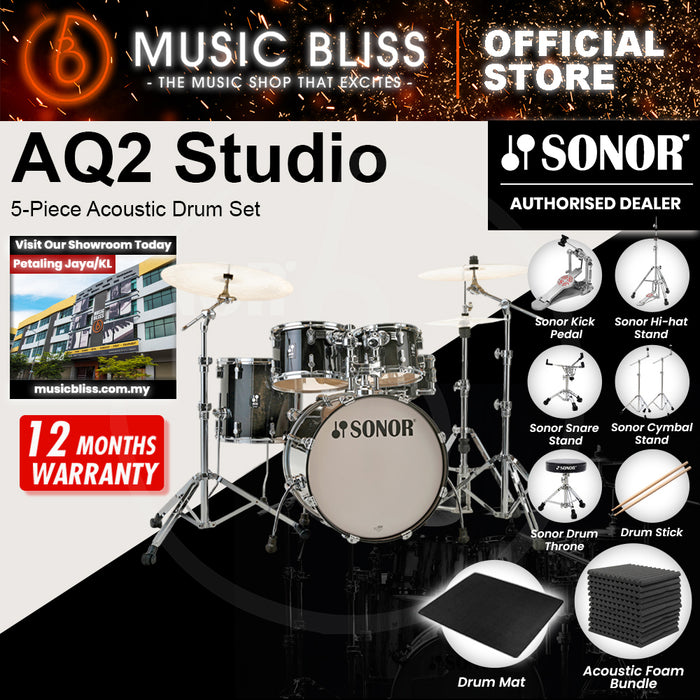 Sonor AQ2 Studio 5-Piece Acoustic Drum Set - 20 Inch Bass Drum - Transparent Stain Black