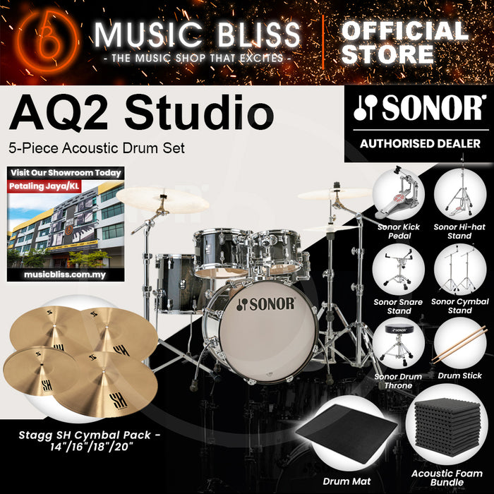 Sonor AQ2 Studio 5-Piece Acoustic Drum Set - 20 Inch Bass Drum - Transparent Stain Black
