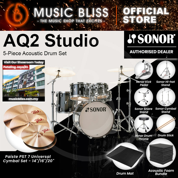 Sonor AQ2 Studio 5-Piece Acoustic Drum Set - 20 Inch Bass Drum - Transparent Stain Black