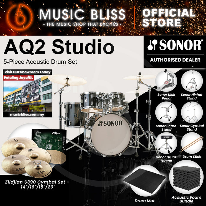 Sonor AQ2 Studio 5-Piece Acoustic Drum Set - 20 Inch Bass Drum - Transparent Stain Black