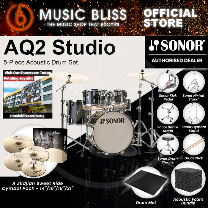 Sonor AQ2 Studio 5-Piece Acoustic Drum Set - 20 Inch Bass Drum - Transparent Stain Black