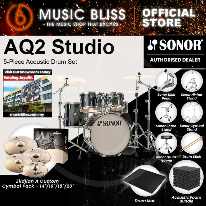 Sonor AQ2 Studio 5-Piece Acoustic Drum Set - 20 Inch Bass Drum - Transparent Stain Black