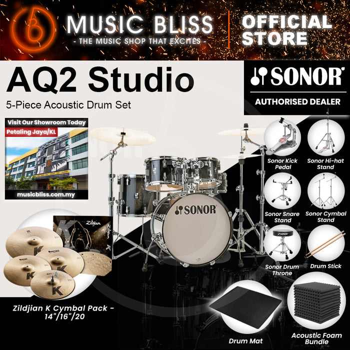 Sonor AQ2 Studio 5-Piece Acoustic Drum Set - 20 Inch Bass Drum - Transparent Stain Black