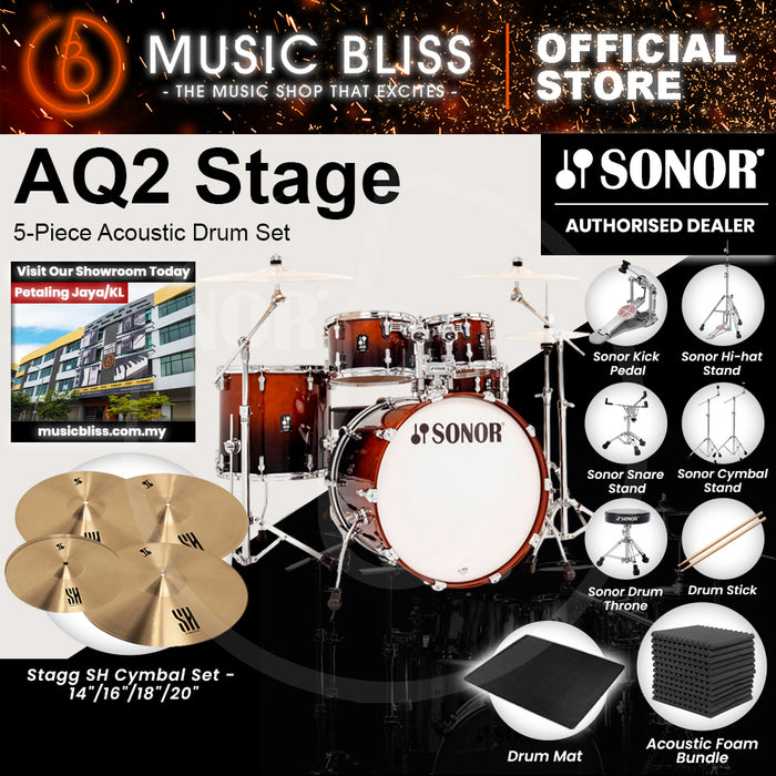 Sonor AQ2 Stage 5-Piece Acoustic Drum Set - 22 Inch Bass Drum - Brown Fade