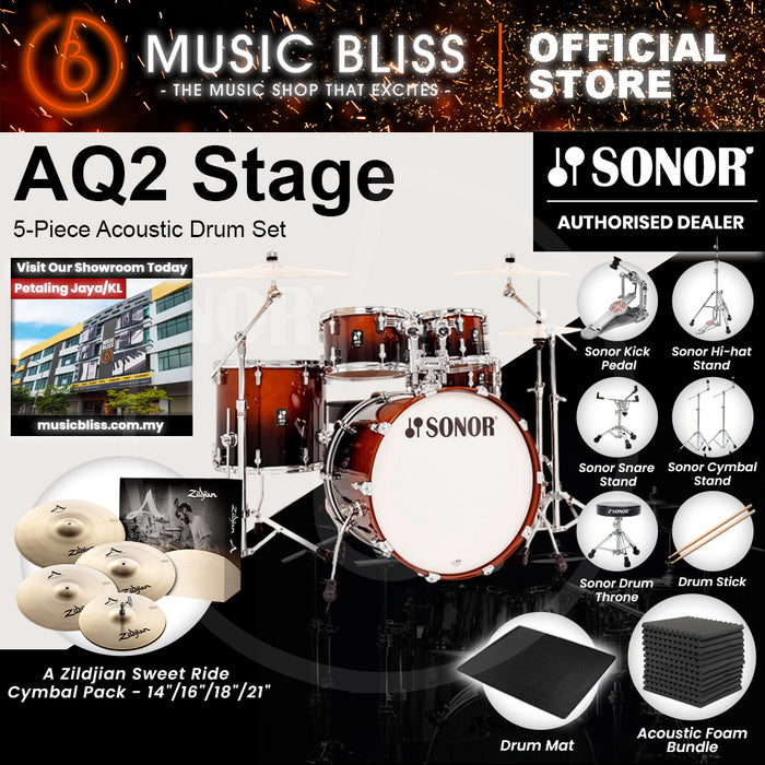 Sonor AQ2 Stage 5-Piece Acoustic Drum Set - 22 Inch Bass Drum - Brown Fade