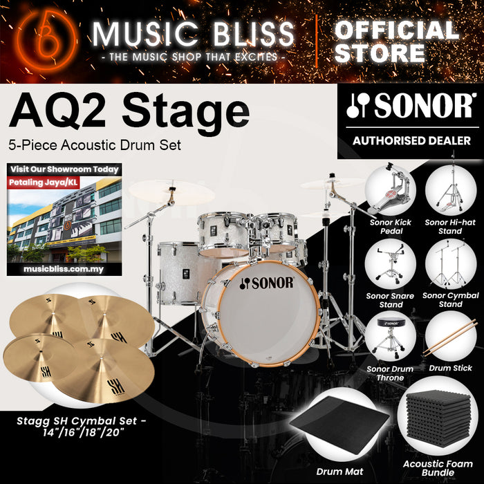 Sonor AQ2 Stage 5-Piece Acoustic Drum Set - 22 Inch Bass Drum - White Pearl