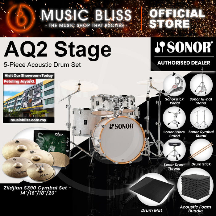 Sonor AQ2 Stage 5-Piece Acoustic Drum Set - 22 Inch Bass Drum - White Pearl