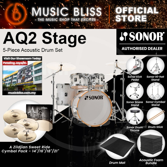 Sonor AQ2 Stage 5-Piece Acoustic Drum Set - 22 Inch Bass Drum - White Pearl