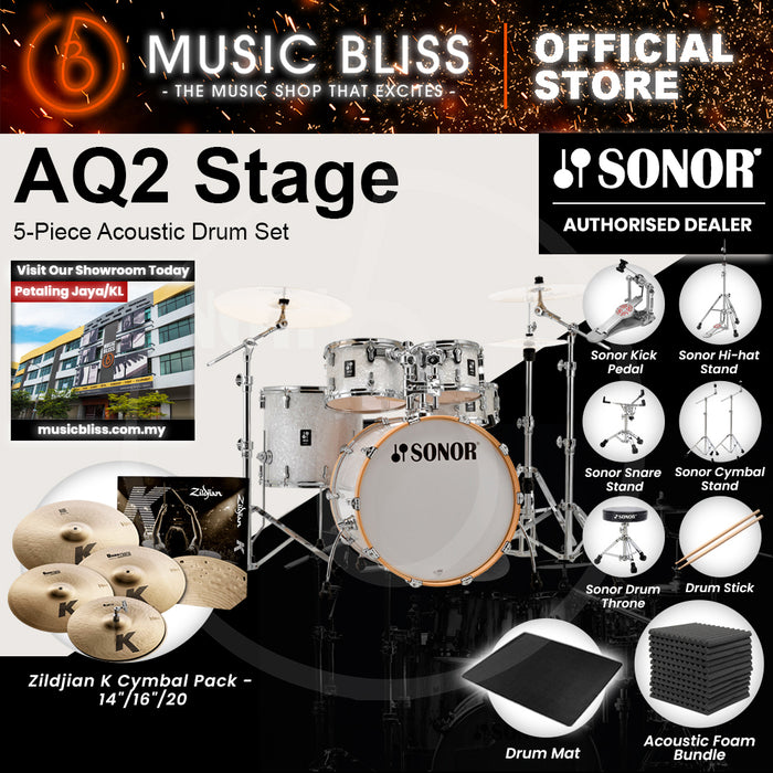 Sonor AQ2 Stage 5-Piece Acoustic Drum Set - 22 Inch Bass Drum - White Pearl