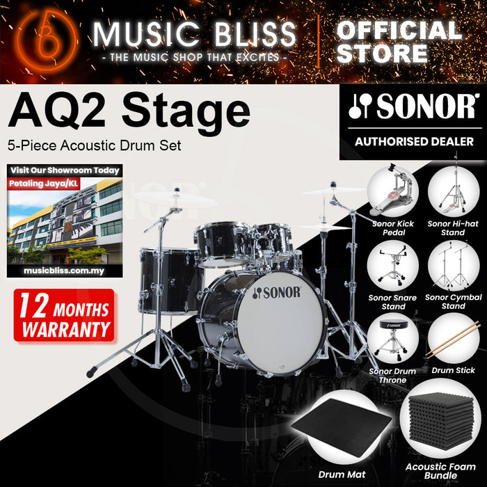 Sonor AQ2 Stage 5-Piece Acoustic Drum Set - 22 Inch Bass Drum - Transparent Stain Black