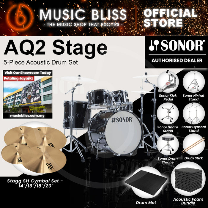 Sonor AQ2 Stage 5-Piece Acoustic Drum Set - 22 Inch Bass Drum - Transparent Stain Black