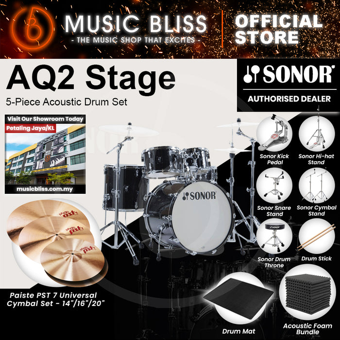 Sonor AQ2 Stage 5-Piece Acoustic Drum Set - 22 Inch Bass Drum - Transparent Stain Black