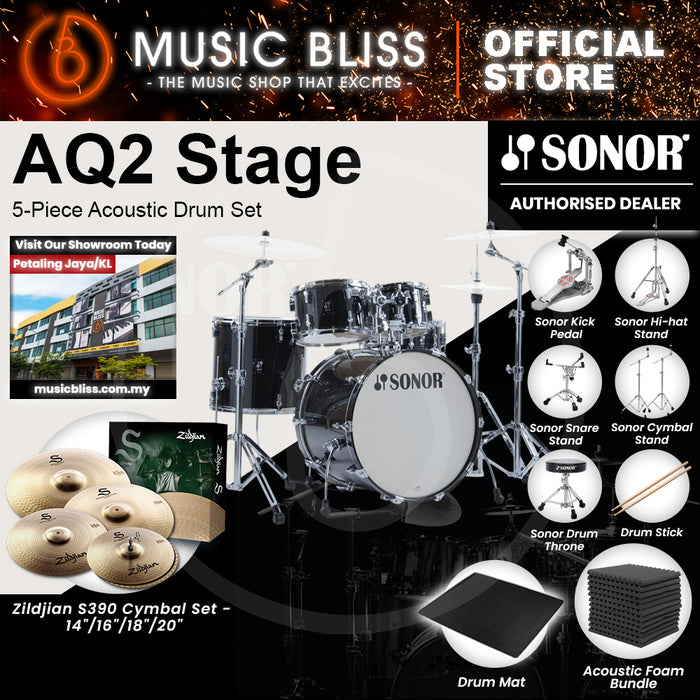 Sonor AQ2 Stage 5-Piece Acoustic Drum Set - 22 Inch Bass Drum - Transparent Stain Black