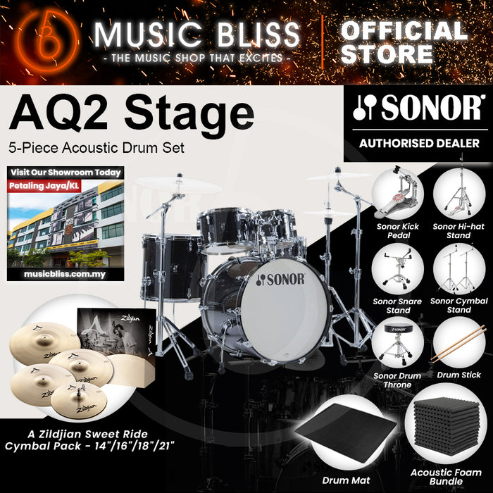 Sonor AQ2 Stage 5-Piece Acoustic Drum Set - 22 Inch Bass Drum - Transparent Stain Black
