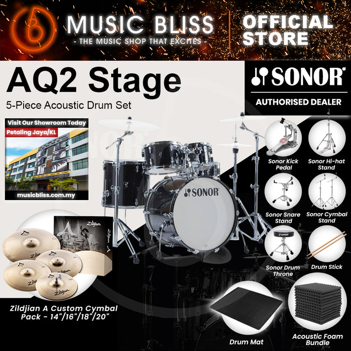 Sonor AQ2 Stage 5-Piece Acoustic Drum Set - 22 Inch Bass Drum - Transparent Stain Black