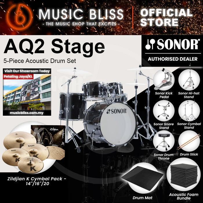 Sonor AQ2 Stage 5-Piece Acoustic Drum Set - 22 Inch Bass Drum - Transparent Stain Black