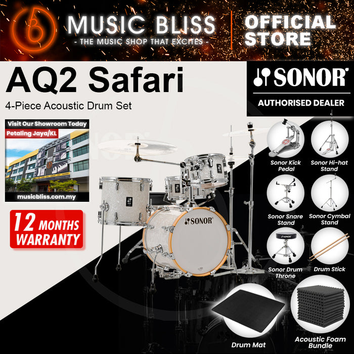 Sonor AQ2 Safari 4-Piece Acoustic Drum Set - 16 Inch Bass Drum - White Pearl