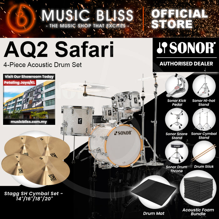 Sonor AQ2 Safari 4-Piece Acoustic Drum Set - 16 Inch Bass Drum - White Pearl