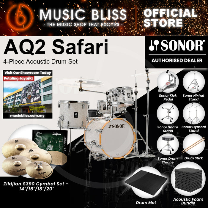 Sonor AQ2 Safari 4-Piece Acoustic Drum Set - 16 Inch Bass Drum - White Pearl