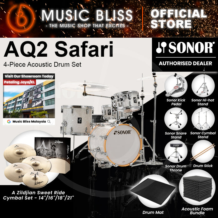 Sonor AQ2 Safari 4-Piece Acoustic Drum Set - 16 Inch Bass Drum - White Pearl