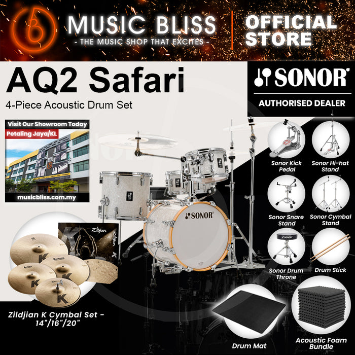 Sonor AQ2 Safari 4-Piece Acoustic Drum Set - 16 Inch Bass Drum - White Pearl