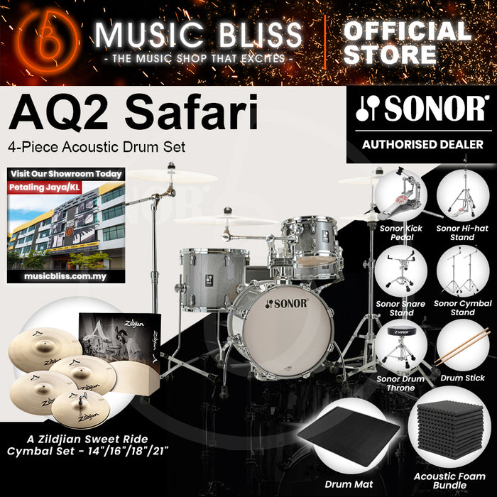 Sonor AQ2 Safari 4-Piece Acoustic Drum Set - 16 Inch Bass Drum - Titanium Quartz