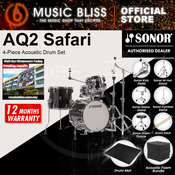 Sonor AQ2 Safari 4-Piece Acoustic Drum Set - 16 Inch Bass Drum - Transparent Stain Black