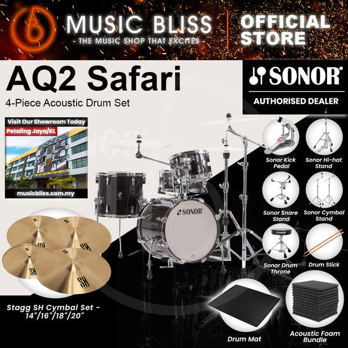 Sonor AQ2 Safari 4-Piece Acoustic Drum Set - 16 Inch Bass Drum - Transparent Stain Black