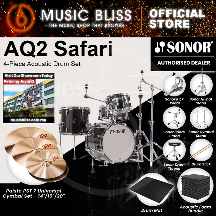 Sonor AQ2 Safari 4-Piece Acoustic Drum Set - 16 Inch Bass Drum - Transparent Stain Black