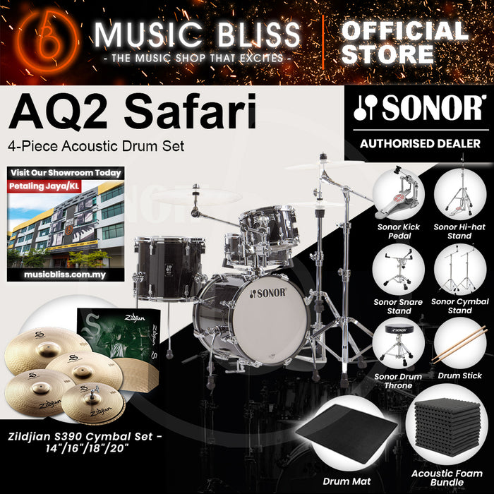 Sonor AQ2 Safari 4-Piece Acoustic Drum Set - 16 Inch Bass Drum - Transparent Stain Black
