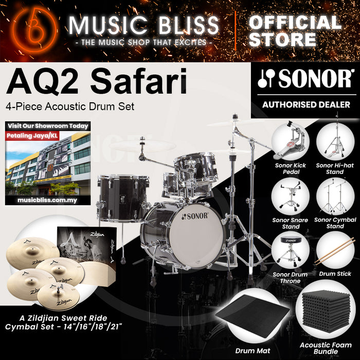 Sonor AQ2 Safari 4-Piece Acoustic Drum Set - 16 Inch Bass Drum - Transparent Stain Black