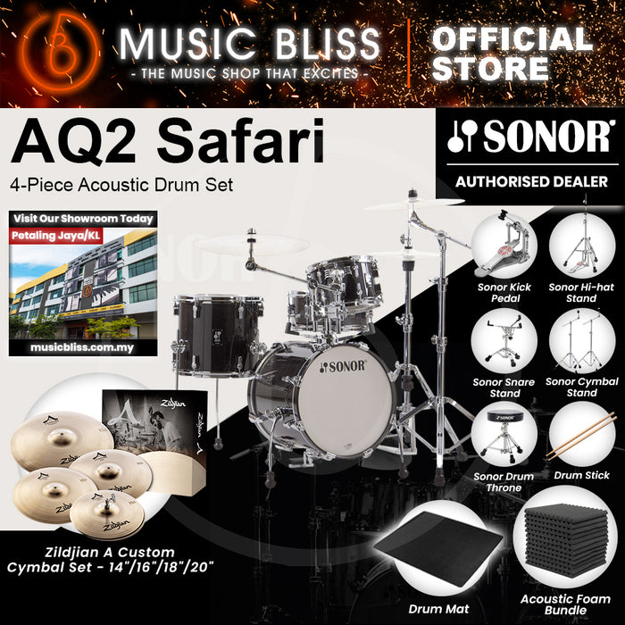 Sonor AQ2 Safari 4-Piece Acoustic Drum Set - 16 Inch Bass Drum - Transparent Stain Black