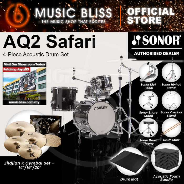Sonor AQ2 Safari 4-Piece Acoustic Drum Set - 16 Inch Bass Drum - Transparent Stain Black