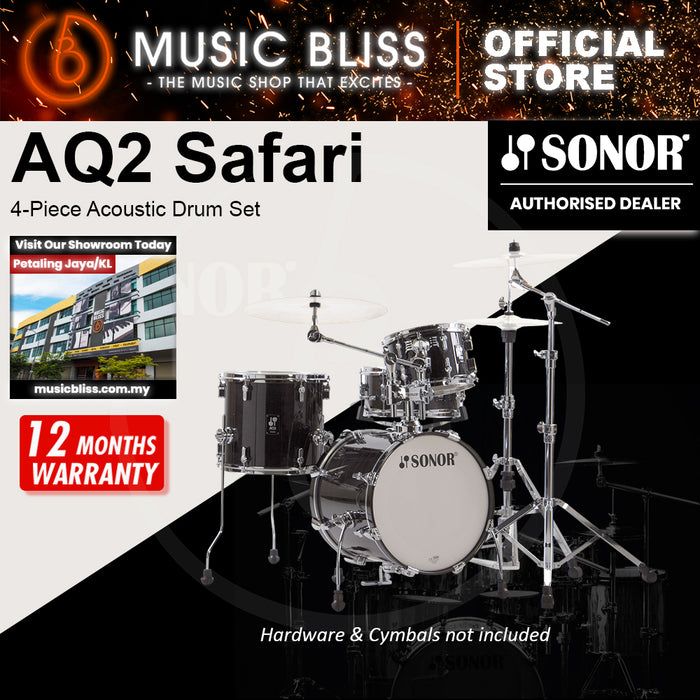 Sonor AQ2 Safari 4-Piece Acoustic Drum Set - 16 Inch Bass Drum - Transparent Stain Black
