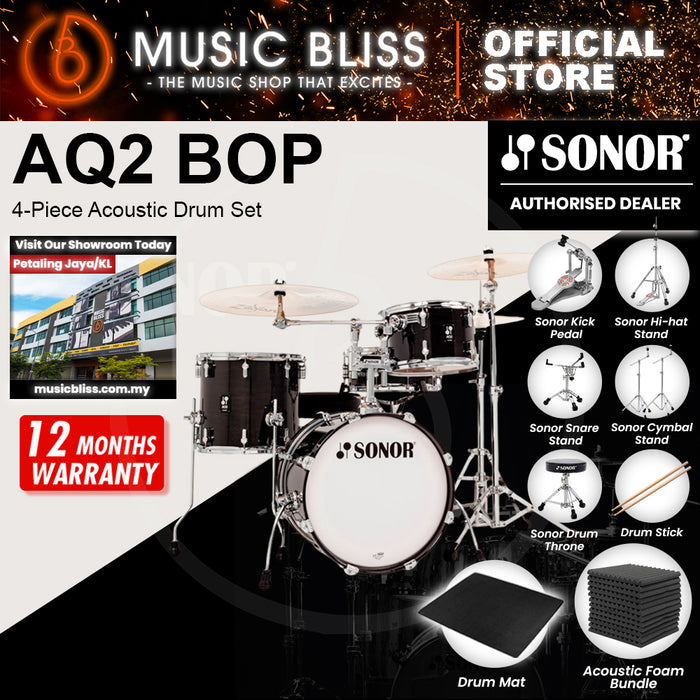 Sonor AQ2 BOP 4-Piece Acoustic Drum Set - 18 Inch Bass Drum - Transparent Stain Black