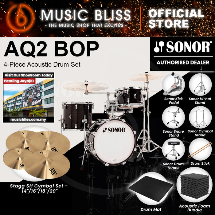 Sonor AQ2 BOP 4-Piece Acoustic Drum Set - 18 Inch Bass Drum - Transparent Stain Black